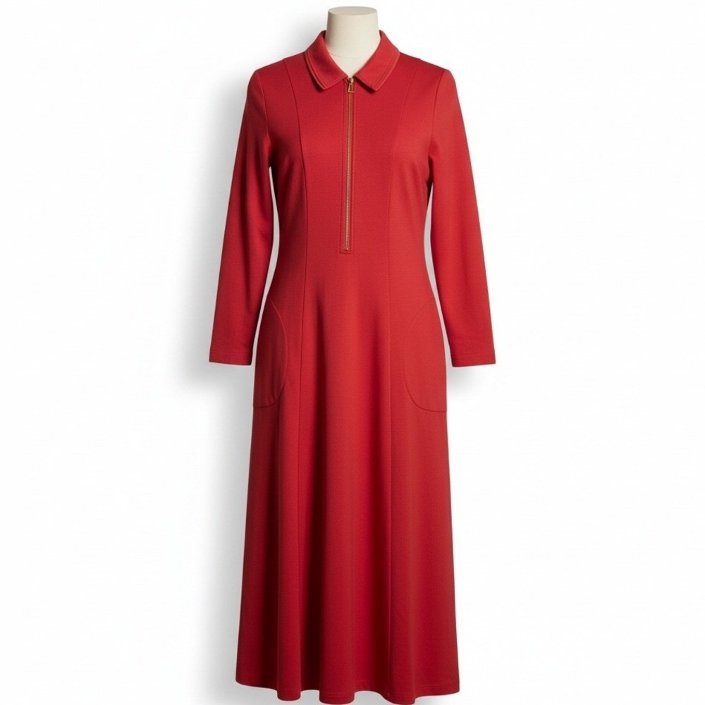 Soft Surroundings Red Collared Zip Front Maxi Dress Long Sleeve Pockets Size M